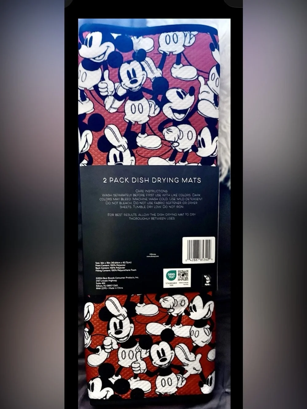 Disney Mickey Mouse 2 Pack Dish Drying Mats Red Black White 16x18 NWT